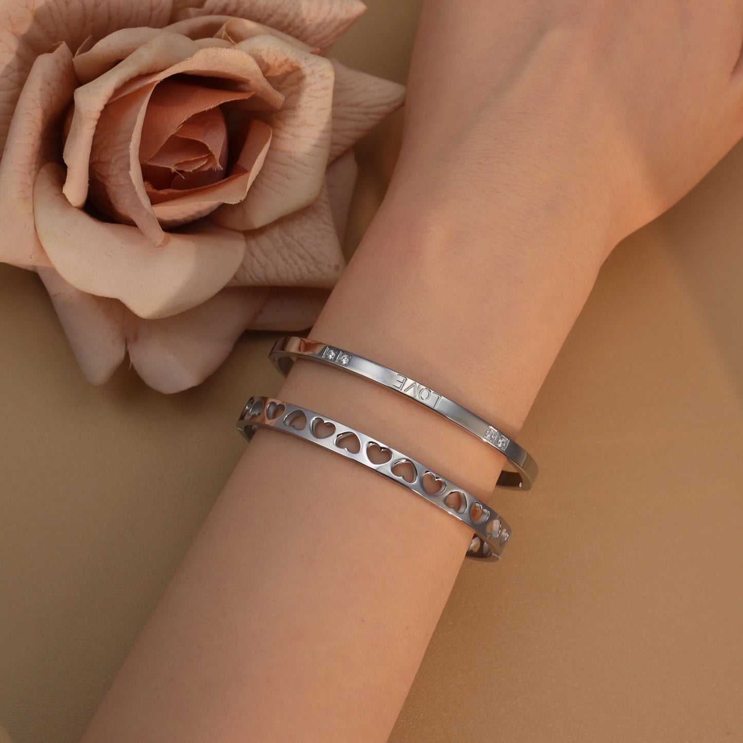 18K Gold-Plated LOVE Stainless Steel Zircon Openwork Bangle Bracelet Women's Jewelry