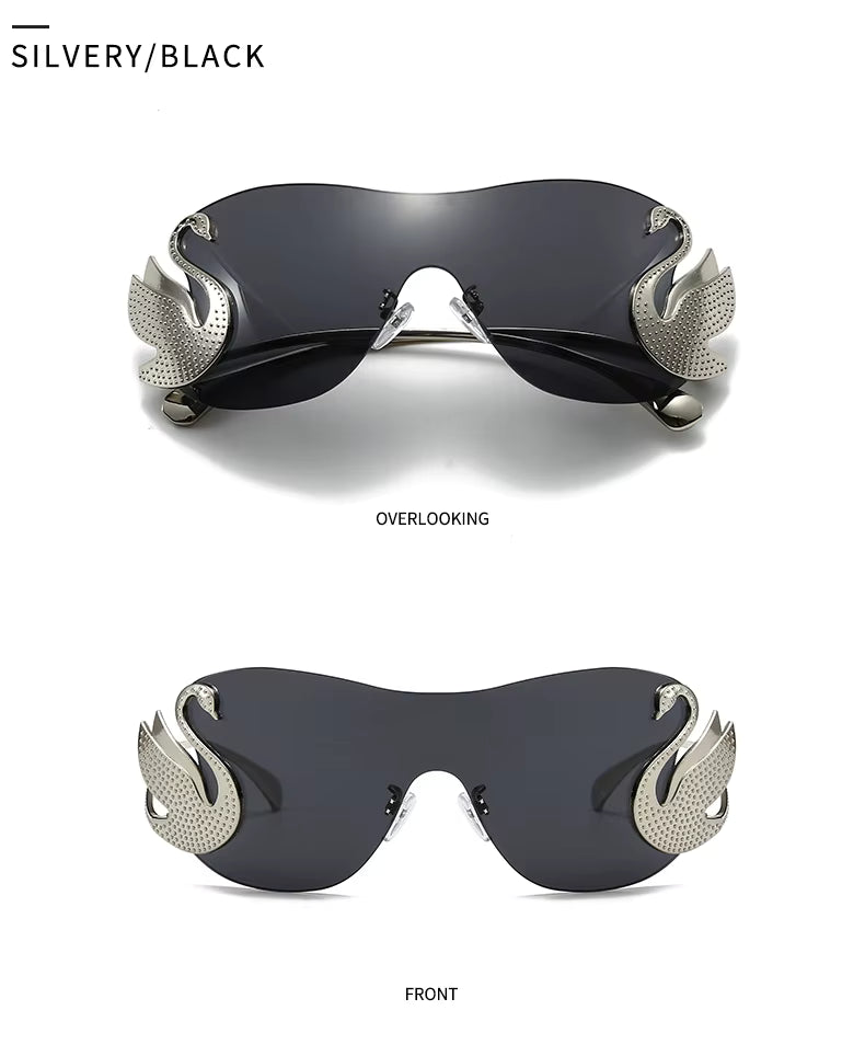 Y2k Women Fashion Swan Inlay Gradient Lens Shades Oversized Rimless Sunglasses Glasses