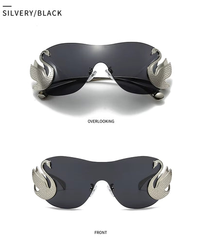 Y2k Women Fashion Swan Inlay Gradient Lens Shades Oversized Rimless Sunglasses Glasses