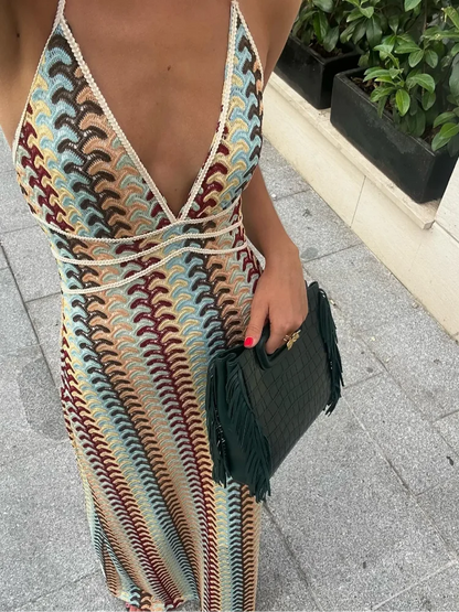 Women Contrast Striped Knit Halter Fashion Loose Backless Maxi Party Long Dress