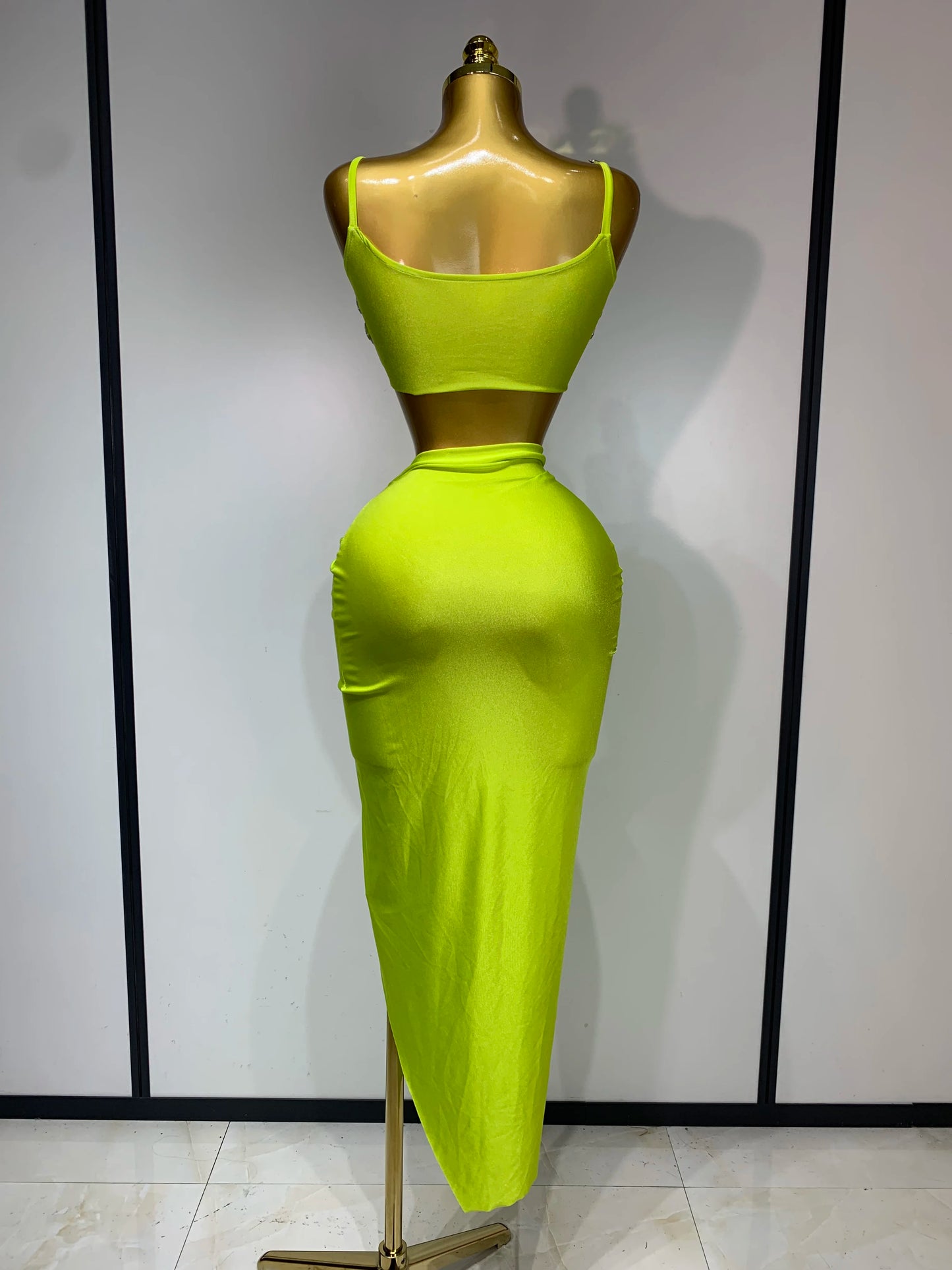 Women Sexy Stretched Crystal Diamonds Two Pieces Sparkly Evening Party Birthday Dress
