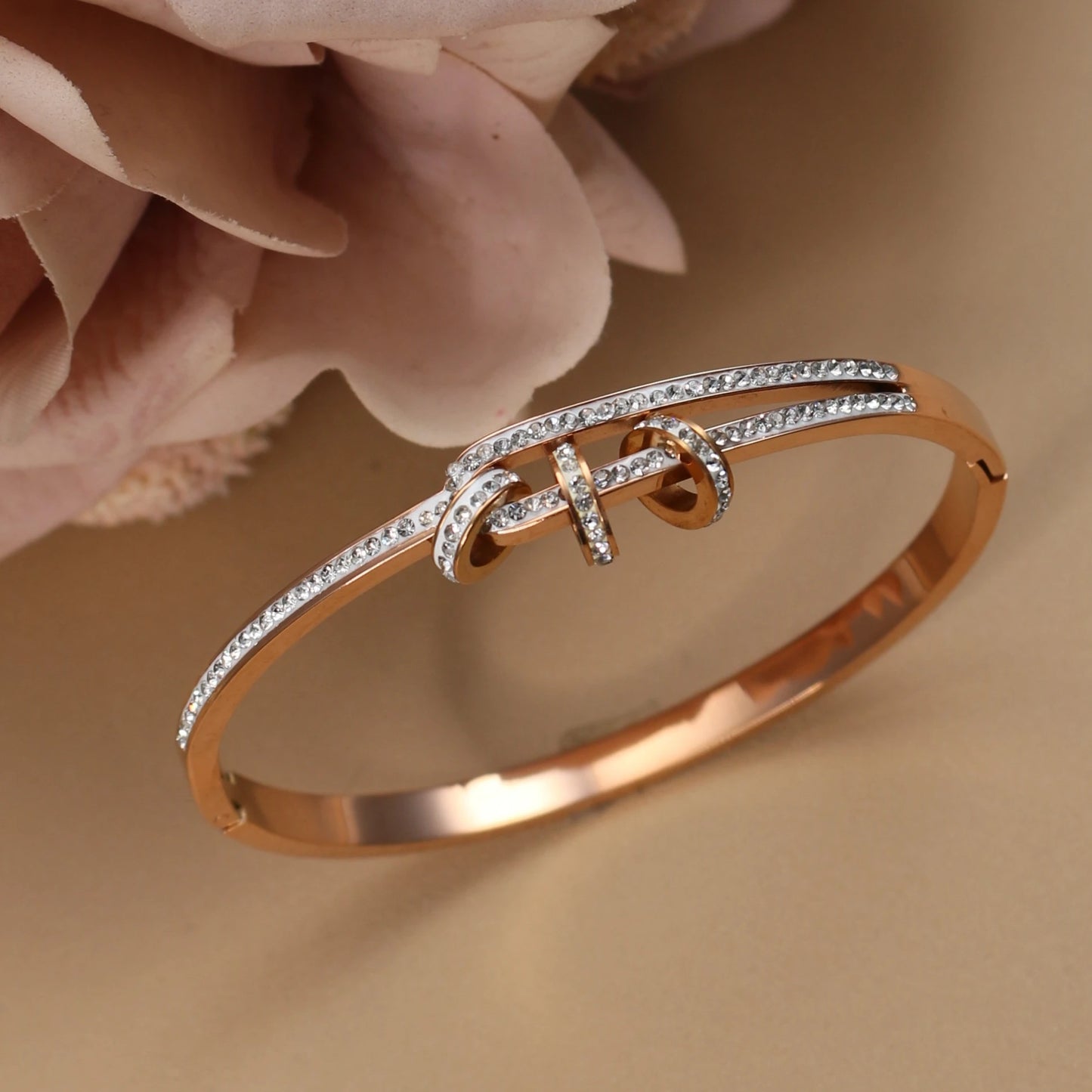 Delicate Crystal Cutout Knot Stainless Steel Gold Color Women's Charm Bracelet