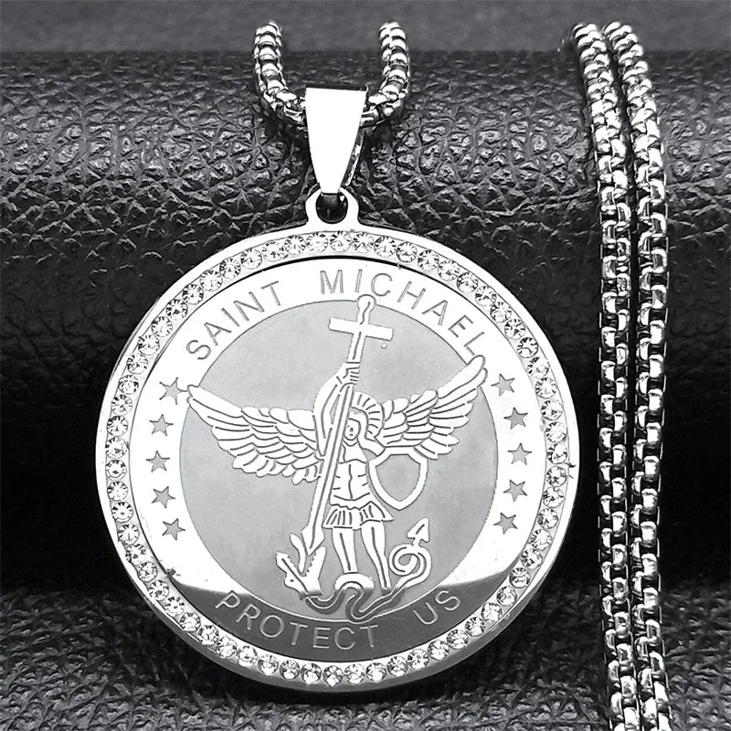 Women Men Stainless Steel Gold Color Knight Saint Michael Archangel Medallion Necklace