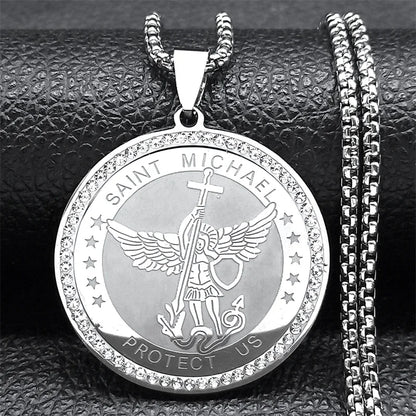 Women Men Stainless Steel Gold Color Knight Saint Michael Archangel Medallion Necklace