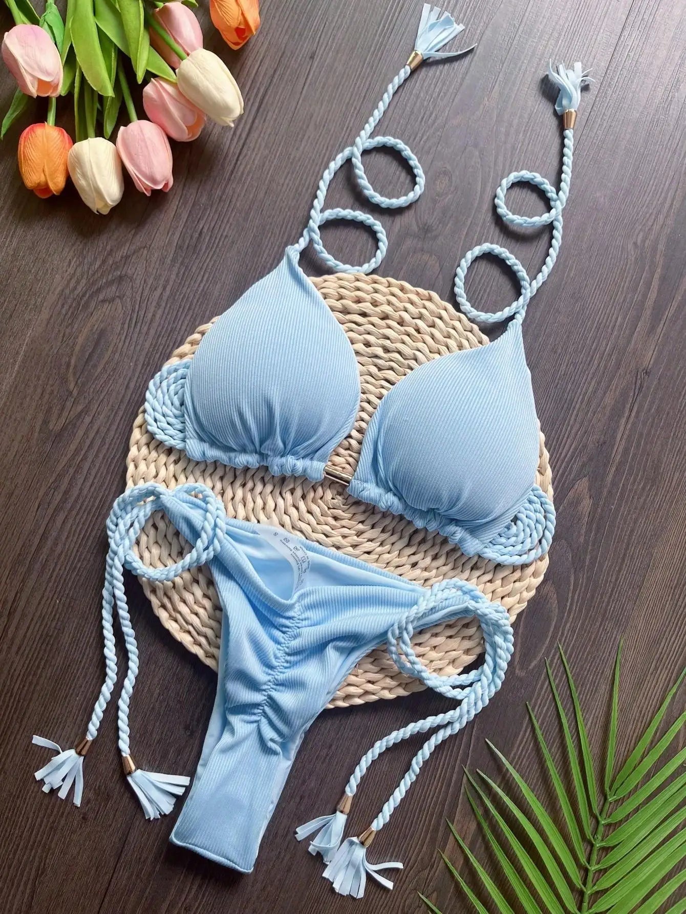 Women Swimsuit Braiding Rope Bikini Set Two-piece Triangle Solid Swimwear Bathing Suit Brazilian
