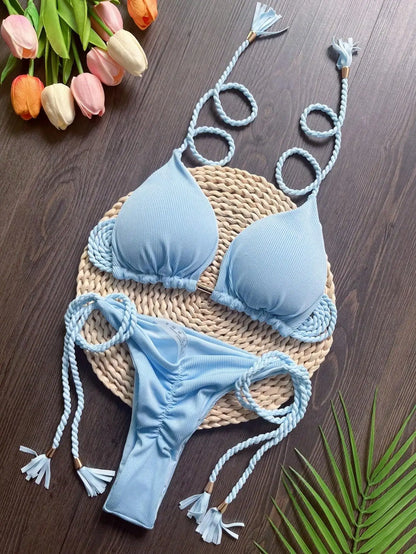 Women Swimsuit Braiding Rope Bikini Set Two-piece Triangle Solid Swimwear Bathing Suit Brazilian