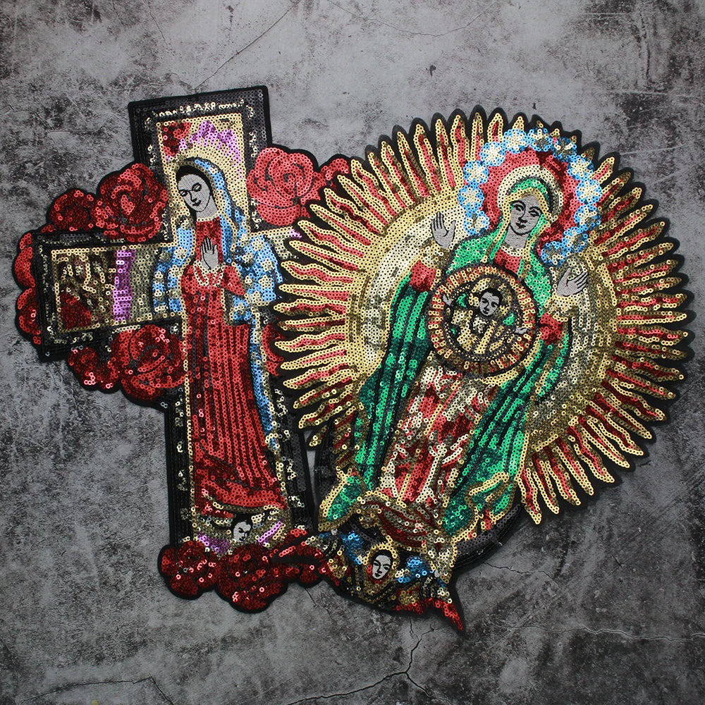 Large Sequins cross rose Blessed Virgin Mary Goddess Embroidery Patches for Clothes DIY sew Stripes Applique