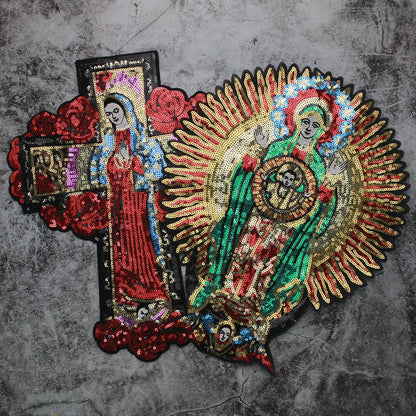 Large Sequins cross rose Blessed Virgin Mary Goddess Embroidery Patches for Clothes DIY sew Stripes Applique