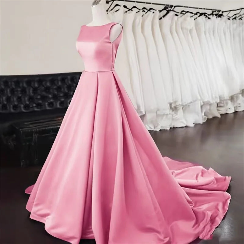 Women's Scoop Neck Sweep Train Prom Backless A-line Satin Long Formal Evening Party Dress w/ Pockets
