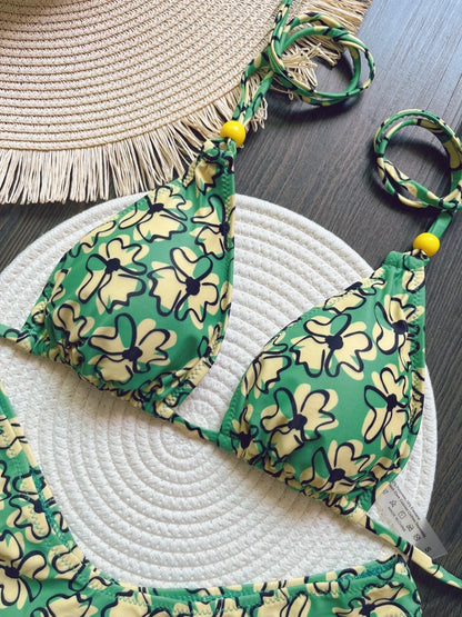 Sexy Botany Print Bikinis Swimsuit Two-piece Triangle Halter Swimwear Bathing Suit Brazilian