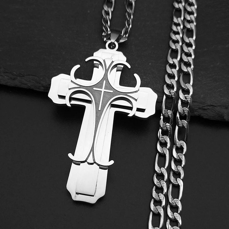 Men Stainless Steel Gold Color Christian Jesus Cross Crucifix Pendant Necklace
