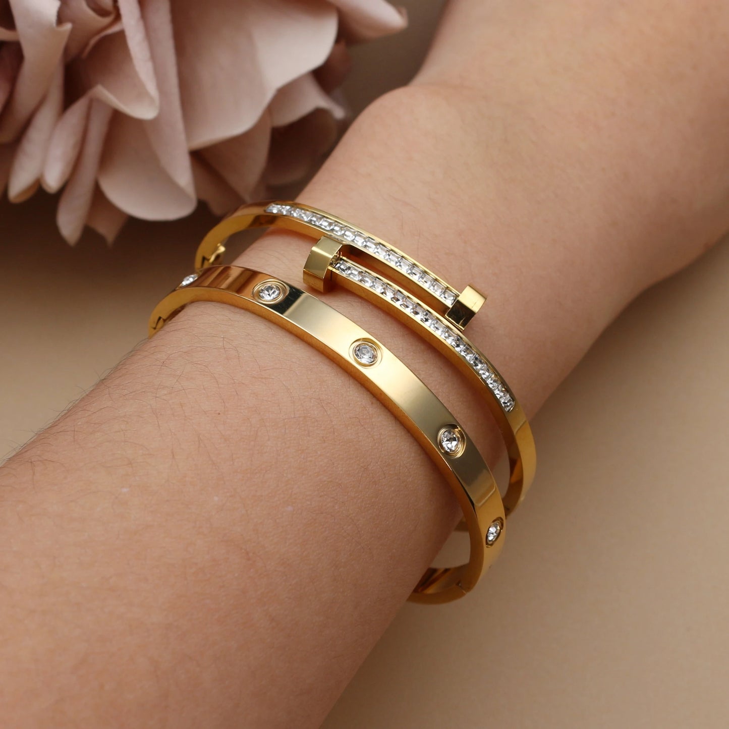 Fashion Cross Crystal Design Stainless Steel Gold Color Stacking Bracelet Bangle
