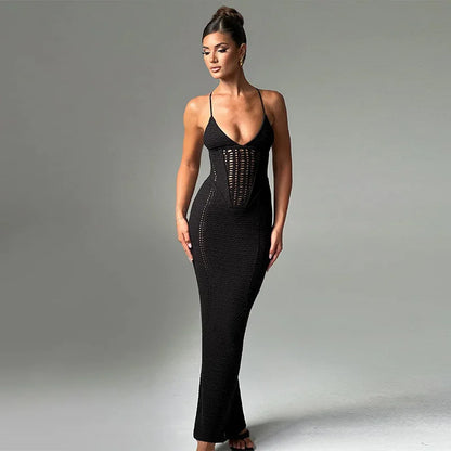 Women Hollow Out Backless Knit Spaghetti Strap Bandage Sleeveless Bodycon Party Long Dress