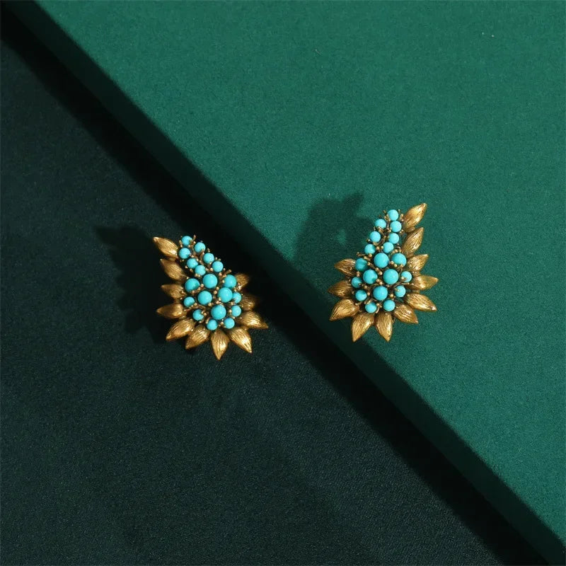 Women Gothic Vintage Designer Natural Blue Stone Stud Earrings