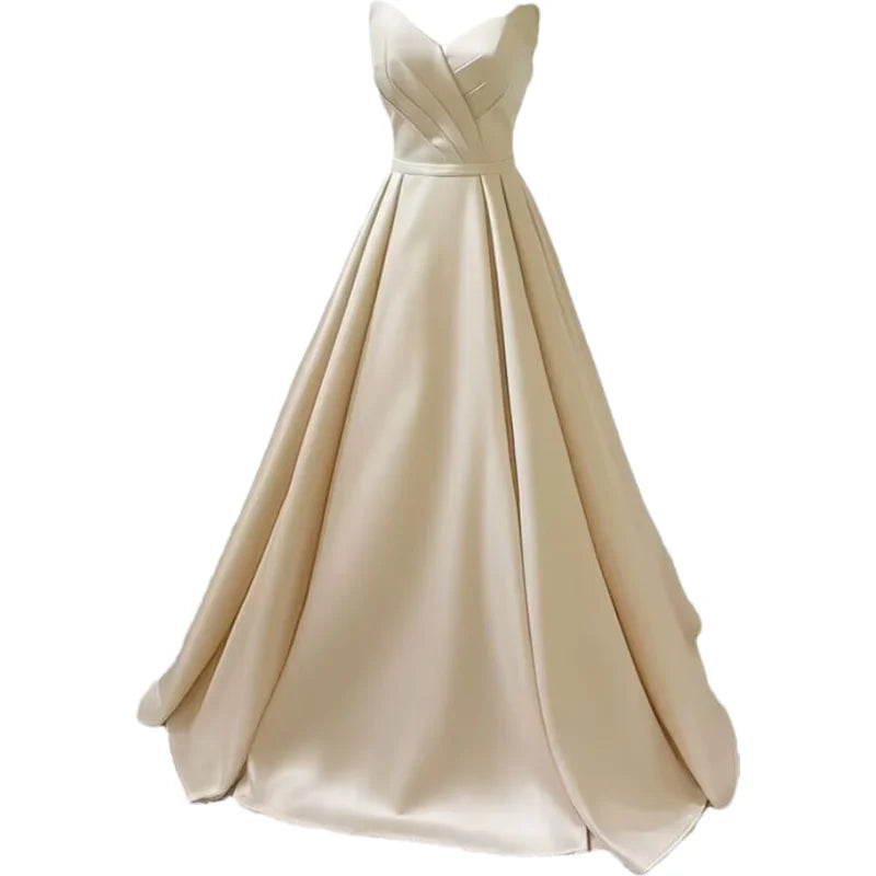 Women Strapless Simple Satin A Line Evening Party Formal Gown Corset Pleat Sweetheart Long Prom Dress w/Pocket