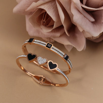 Stainless Steel Double Row Crystals Heart-Shaped Designs Open Clasp Charm Bangle Bracelet