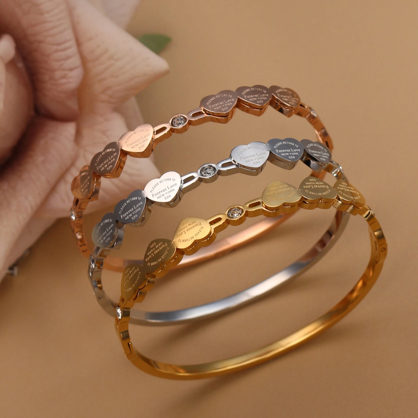 Delicate Stainless Steel Gold Color Peach Heart Crystal Design Charm Bangle Bracelet