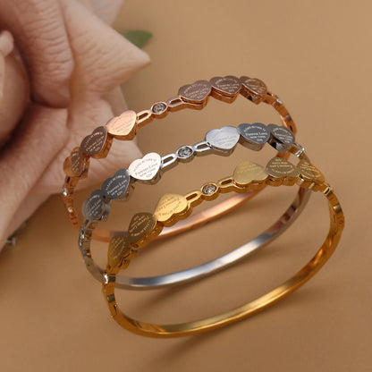 Delicate Stainless Steel Gold Color Peach Heart Crystal Design Charm Bangle Bracelet