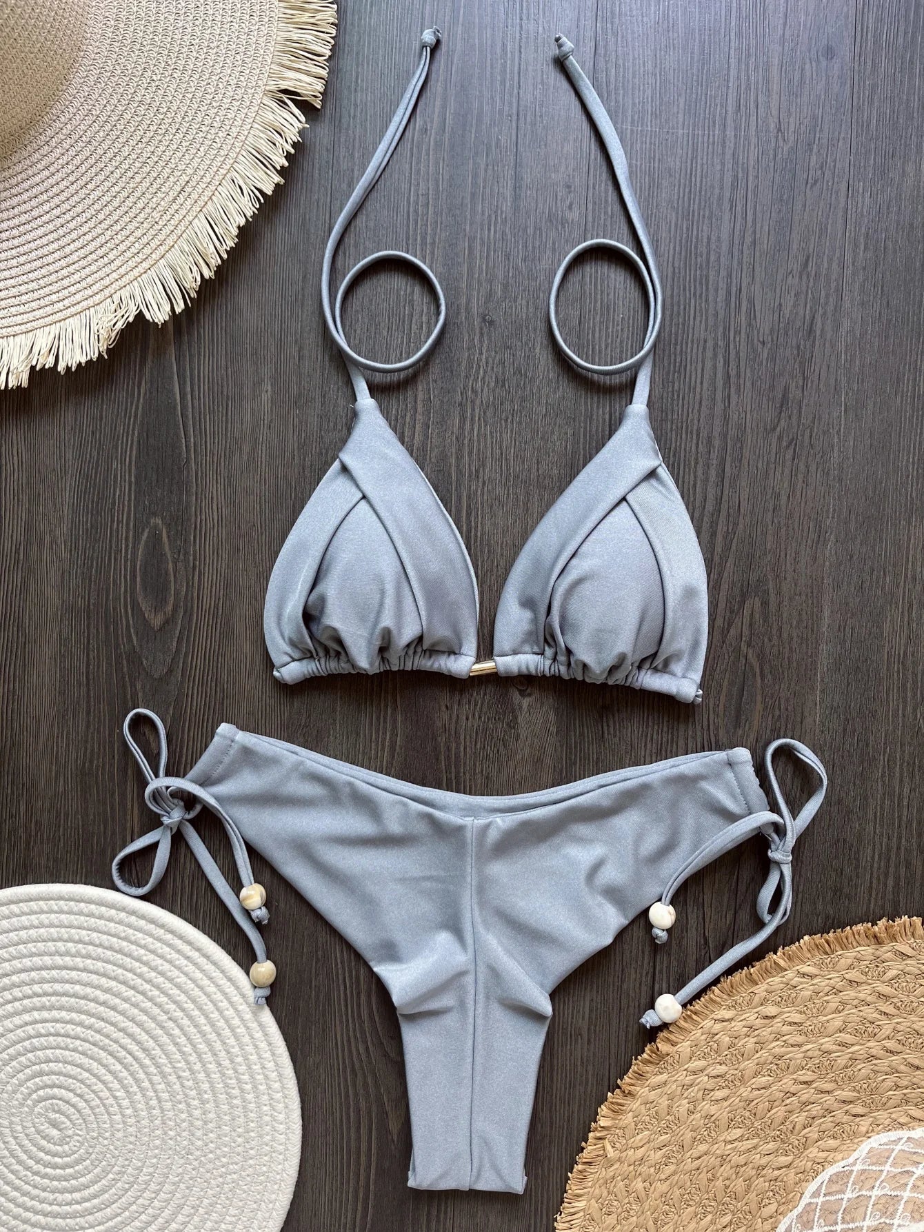 Solid Color Bikini Swimsuit Hanging Neck Rope Split Swimsuit 2-piece Beachwear Suit