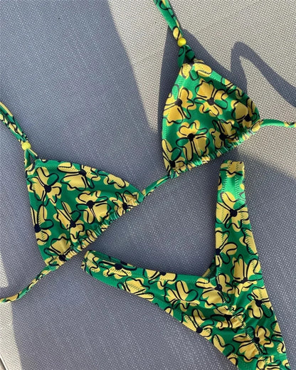Sexy Botany Print Bikinis Swimsuit Two-piece Triangle Halter Swimwear Bathing Suit Brazilian