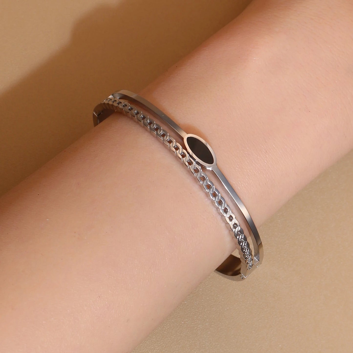 Luxury 2-In-1 Wedding Gold Black Acrylic Stainless Steel Ring Bangles Set