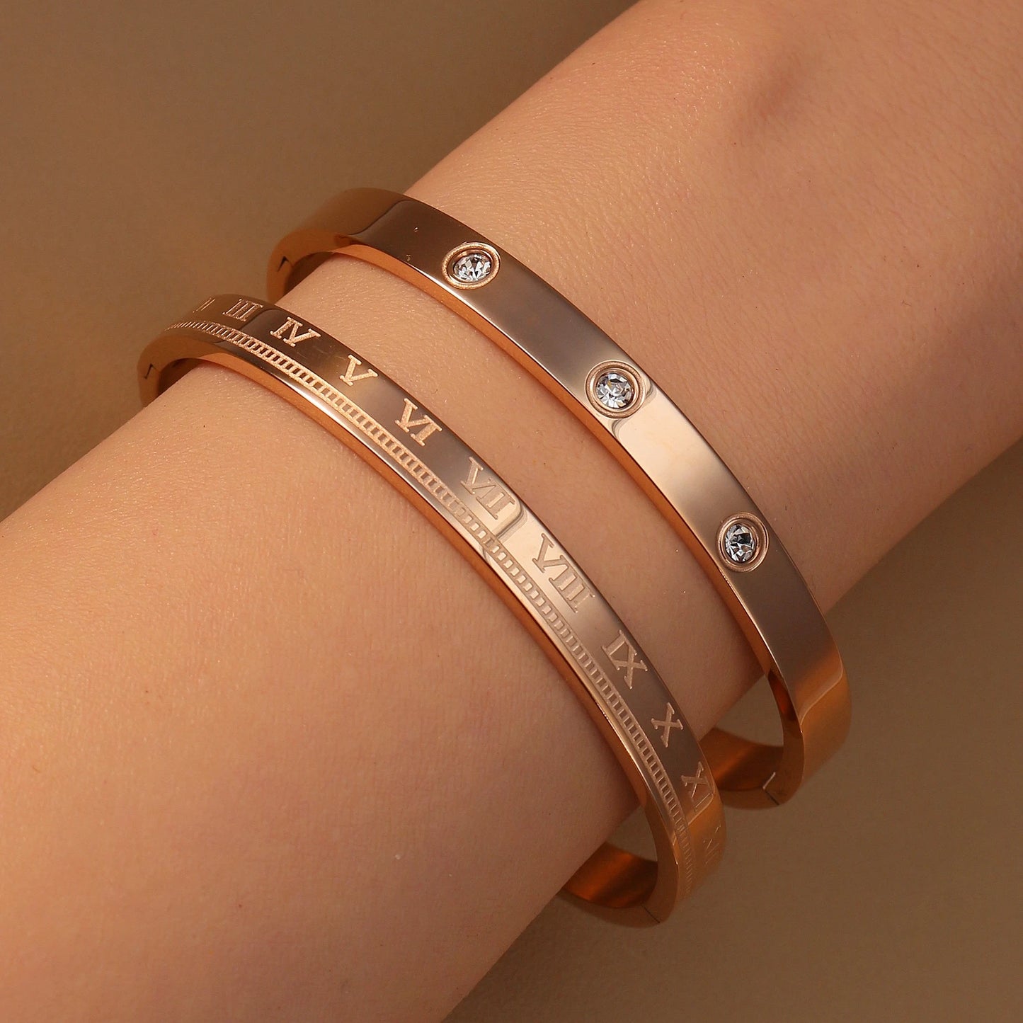 Women Roman Numeral 18k Gold Color Stainless Steel Zircon Bracelet Bangles
