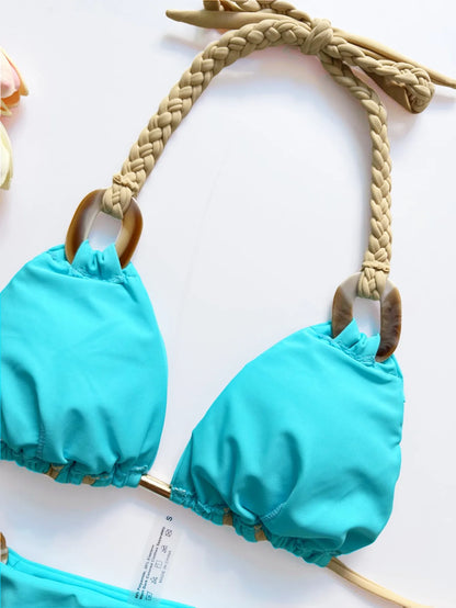 women Halter micro bikini ring Weave triangle swimsuit Brazilian bathing two pieces suit