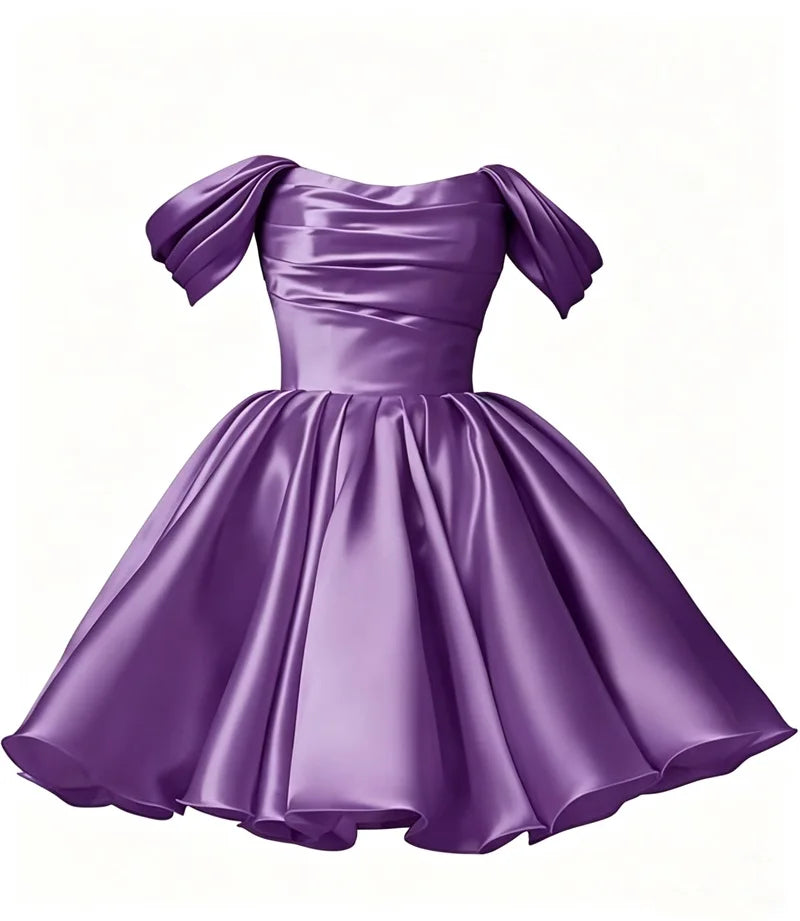 Women Off The Shoulder Satin Homecoming A Line Short Pleated Strapless Prom Evening Dress w/ Pockets