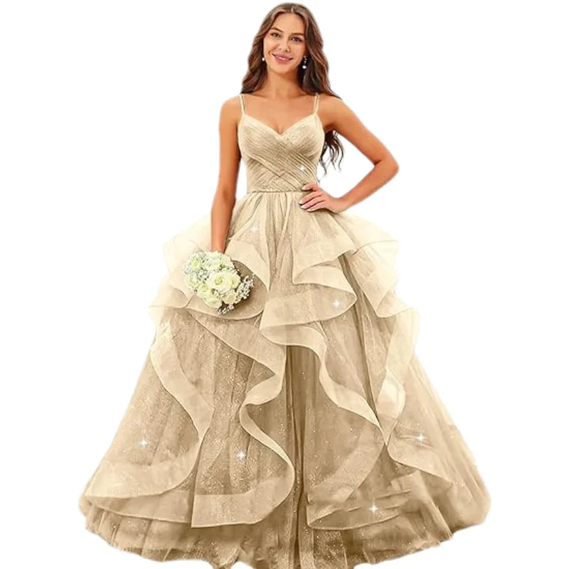 Sparkly Tulle Long Prom Spaghetti Straps Ball Glitter Tulle A-line Formal Evening Party Gown Dress