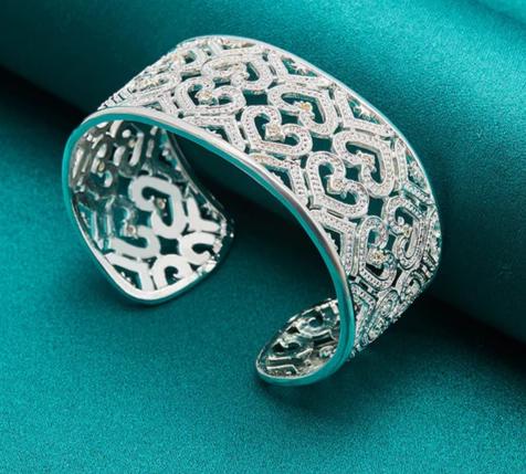 925 Sterling Silver Big 28mm Heart Wedding Engagement Fashion Charm Party Bangle Bracelet