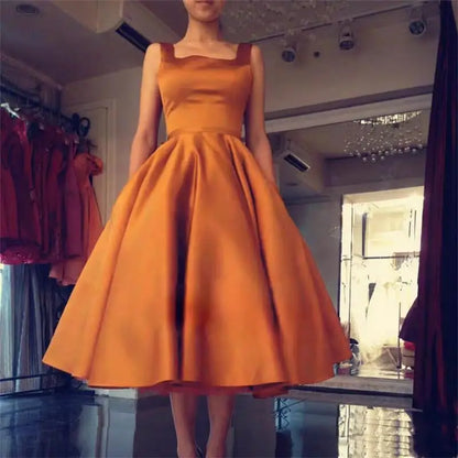Women's Square Neck Satin Prom Bow A Line Backless Tea Length Formal Evening Party Dress w/ Pockets