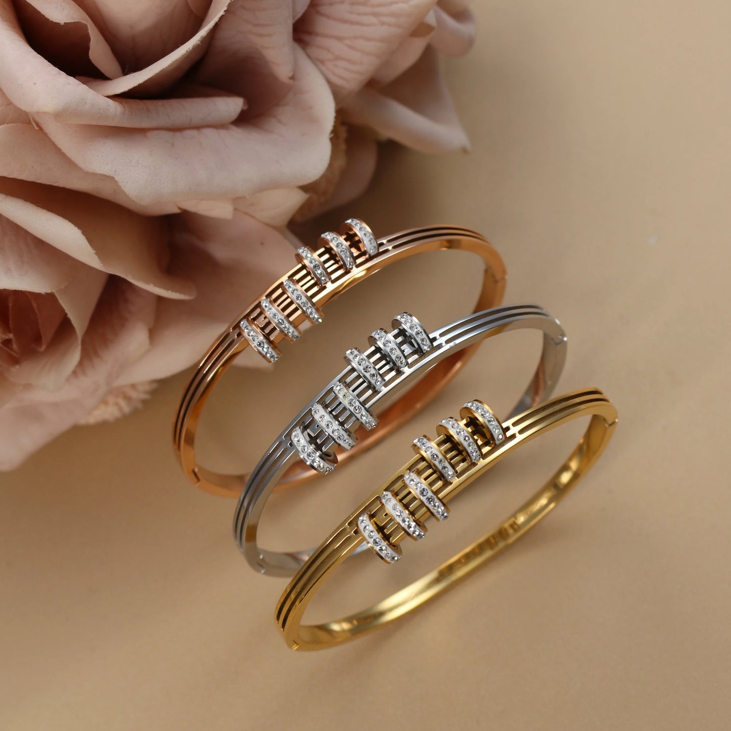 Women's Love Stainless Steel Crystal Bracelets Half Face Hollow Design Bracelet Bangle Jewelry Gifts
