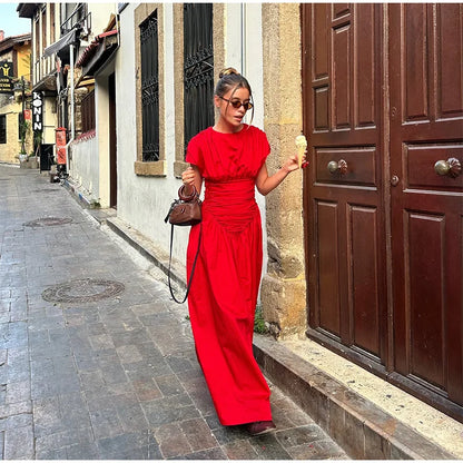 Women Red O-neck Pleated Maxi Fashion Short Sleeves High Waisted Evening Dress