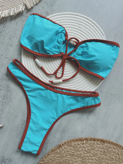 Two Pieces Women Tube Top Bow Split Bikini Swimsuit Swim Trunks Swimming Suit