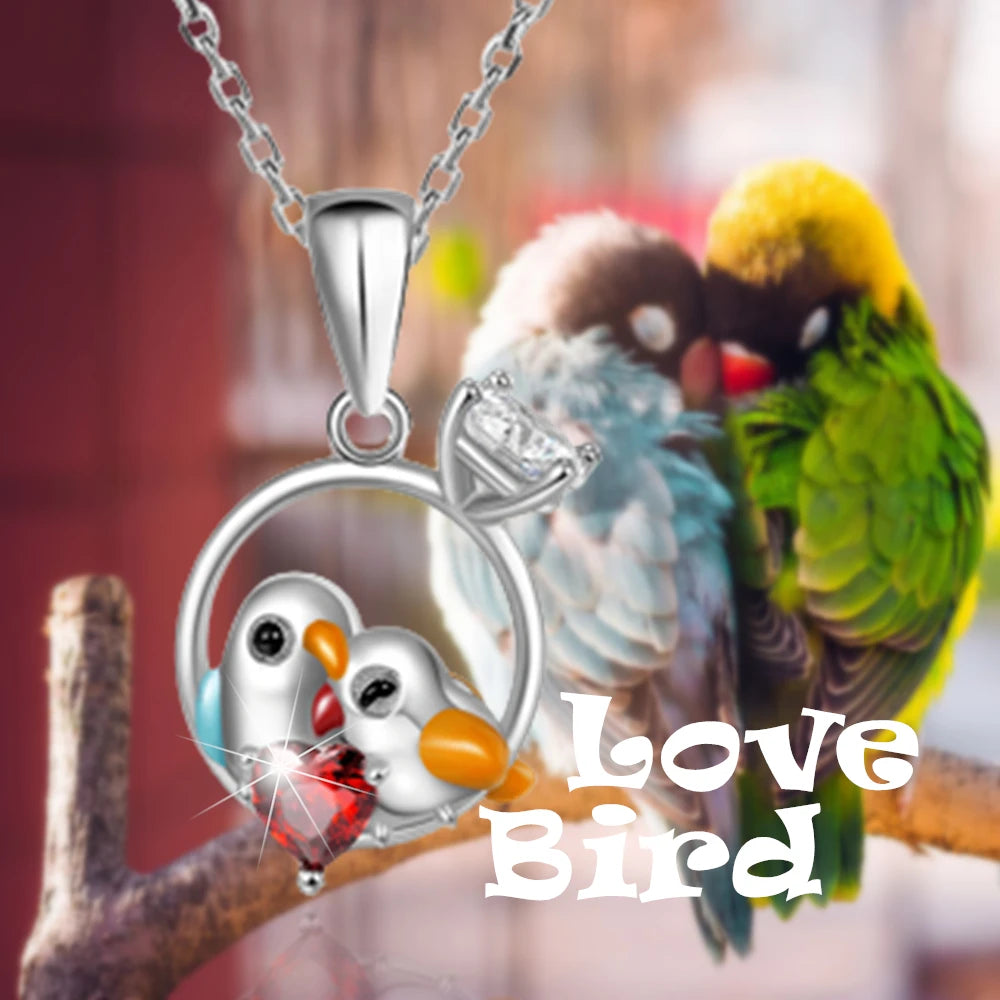 Women Fashion Cartoon Couple Bird Heart Shape Red Crystal Pendant Necklace Romantic Love Gifts