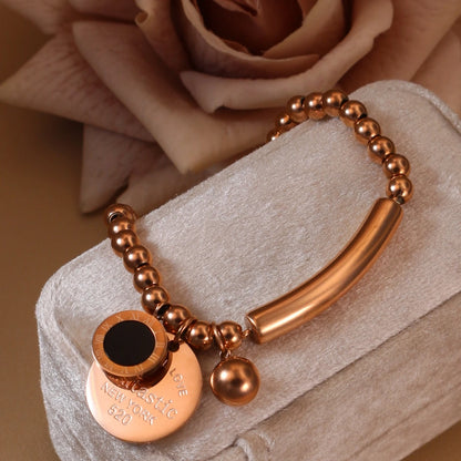 Luxury Women Roman Numeral Bead 18K Gold-Plated Stainless Steel Bangle Bracelet