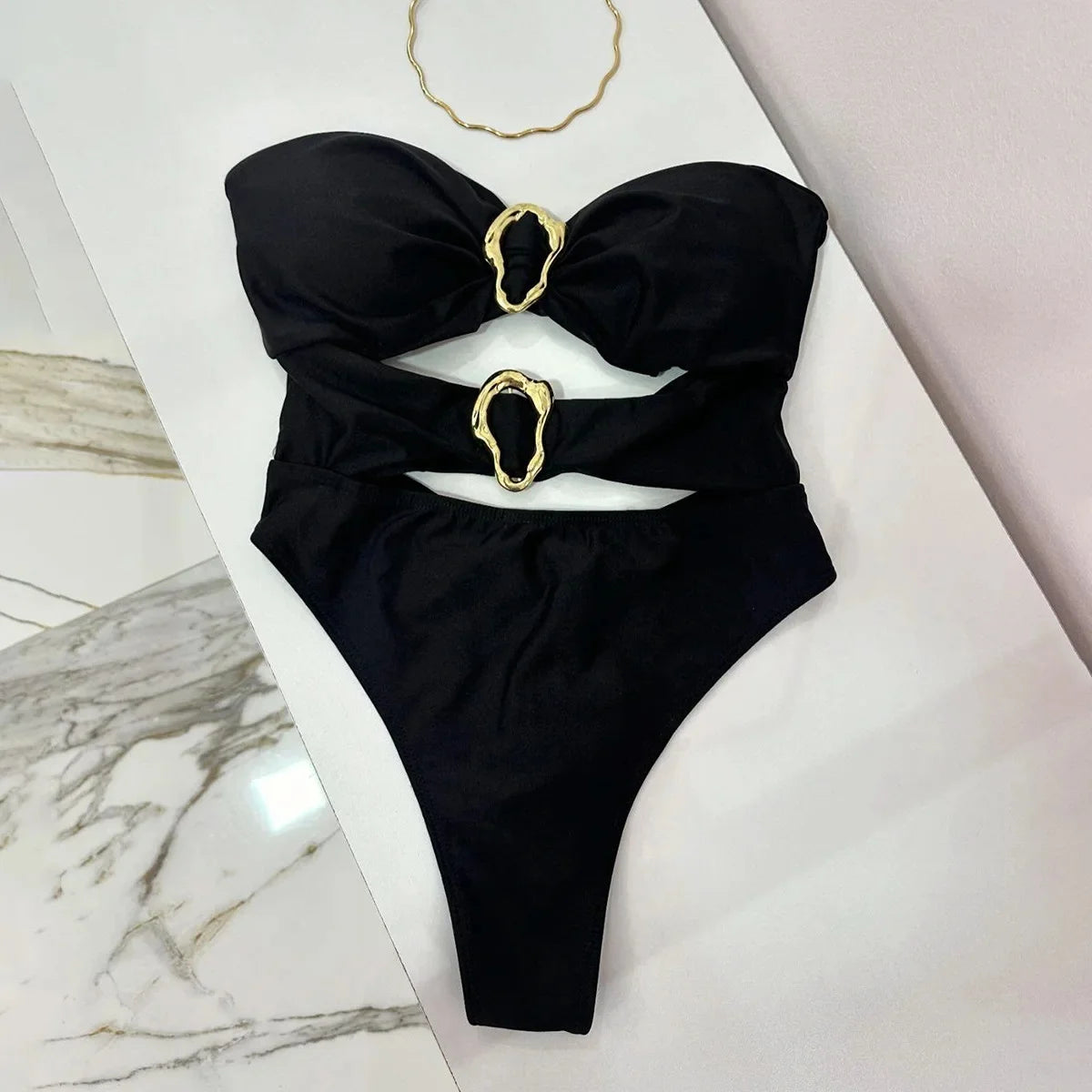 Sexy Metal Rings Cut Out Swimwear One Piece Swimsuit High Leg Cut Bather Bathing Suit