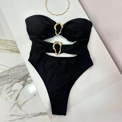 Sexy Metal Rings Cut Out Swimwear One Piece Swimsuit High Leg Cut Bather Bathing Suit