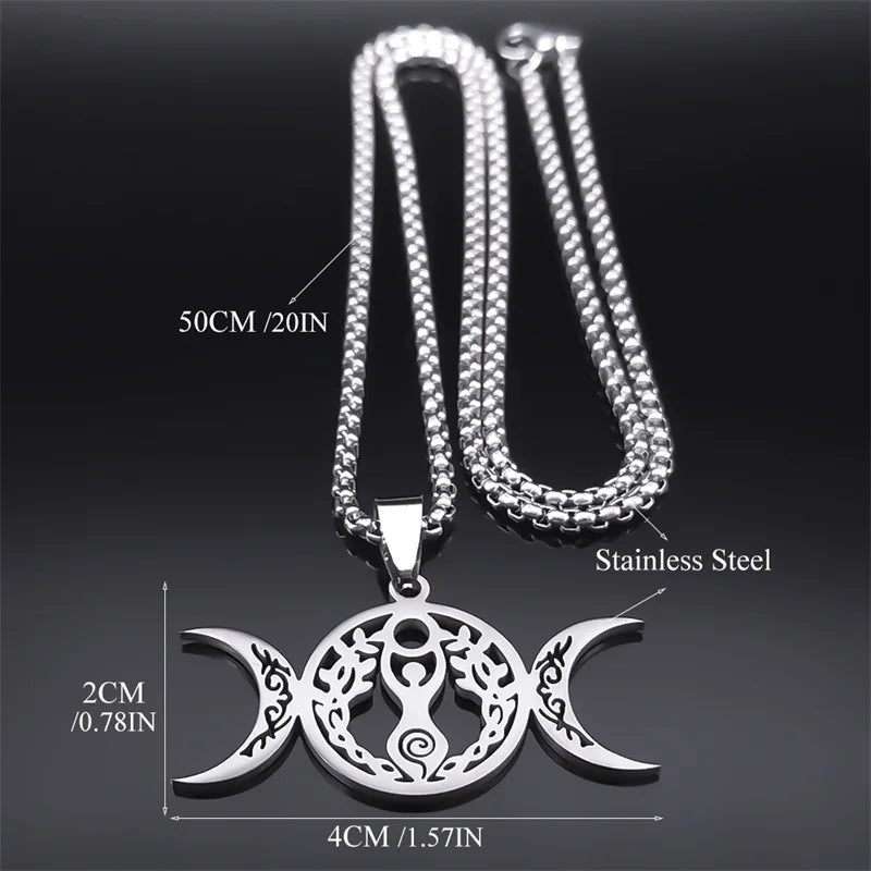 Women Men Stainless Steel Silver Color Amulet Witch Triple Moon Goddess Luna Necklace