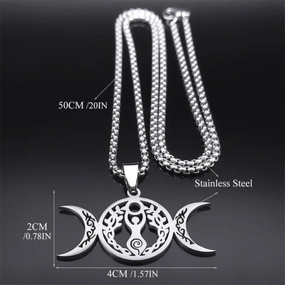 Women Men Stainless Steel Silver Color Amulet Witch Triple Moon Goddess Luna Necklace