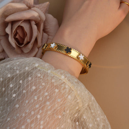 Women Acrylic Flower Shape Stainless Steel 18k Gold Color Bracelet Bangles