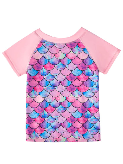 2pcs Kids Girls Short Sleeve Tops Swim Shorts Scale Print Patchwork Beach Bathing Swimwear