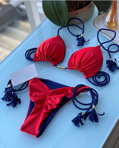 Sexy Separate Triangle Pure Color Rope Weaving Multicolor Bikini Swimsuit Suit