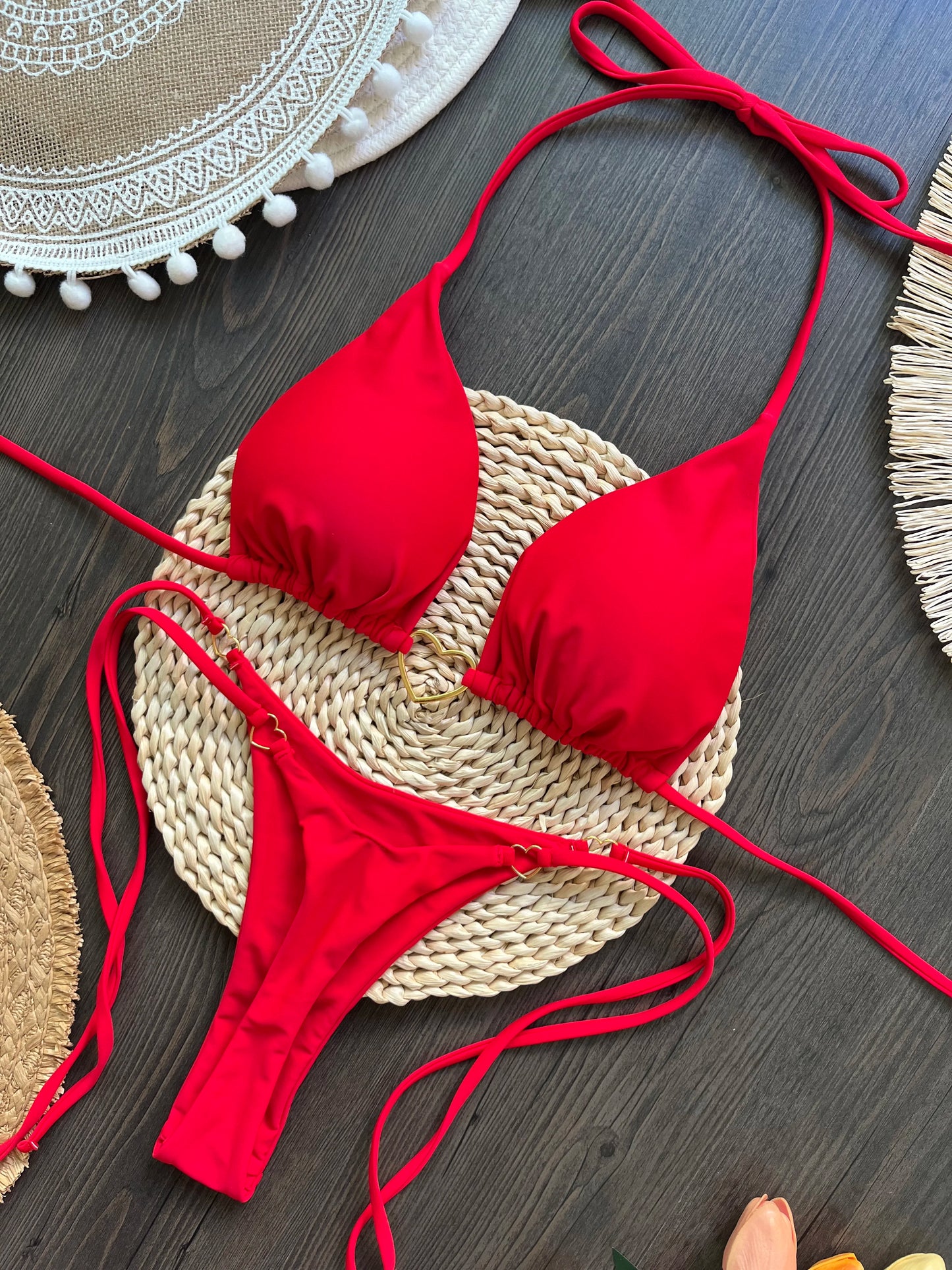 Solid Color Bikini Low Waist Lace-up Fashionable Swimsuit Two-piece Suit