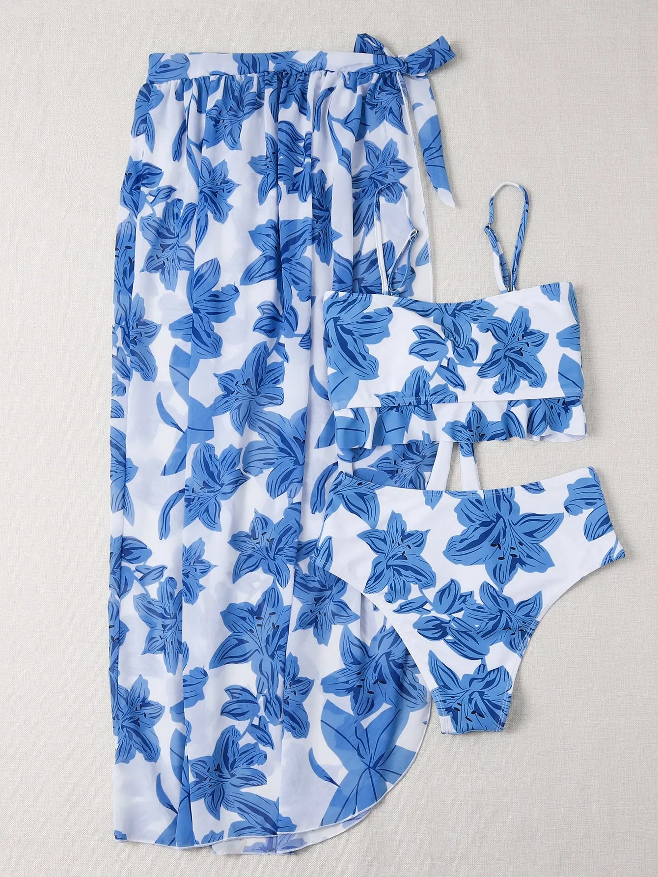 3pcs Women Ruffle High Waist Swimsuit Beach Skirt Floral Print Knot Front Bikinis Swimwear Suit