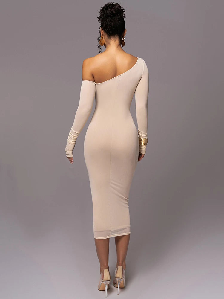 Sexy Diagonal Collar Long Sleeve Midi Two Layer Mesh Backless Ruched Bodycon Club Party Maxi Dress