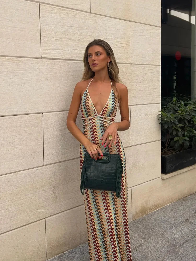 Women Contrast Striped Knit Halter Fashion Loose Backless Maxi Party Long Dress