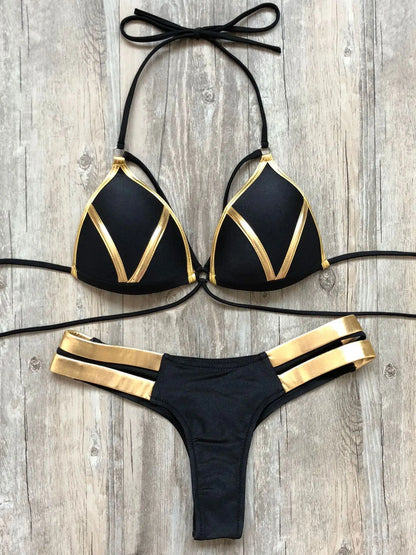 Women Gold Stamping Padded Swimsuit Push Up Bikini Swimwear Beachwear Brazil Bathing Suit