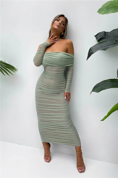 Women Off-shoulder Long Sleeve Sexy Maxi Strapless Backless Bodycon Ruched Party Long Dress