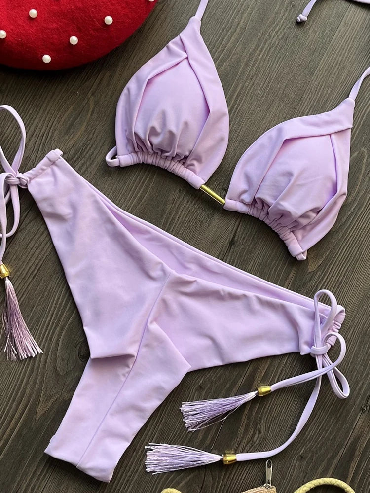 Solid Color Bikini Swimsuit Hanging Neck Rope Split Swimsuit 2-piece Beachwear Suit